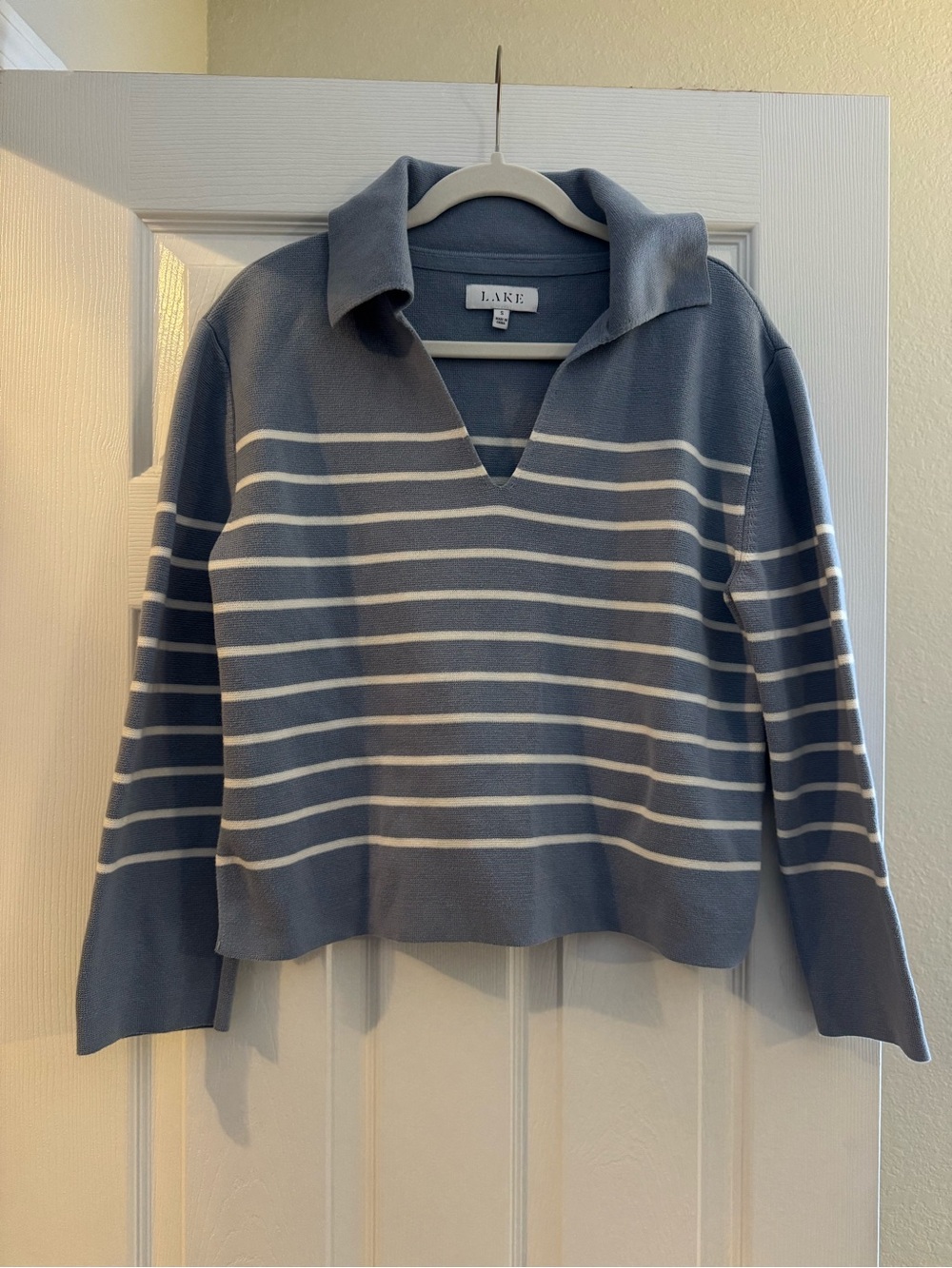 LAKE Lydia Cotton Sweater in Dusty Blue Ivory
